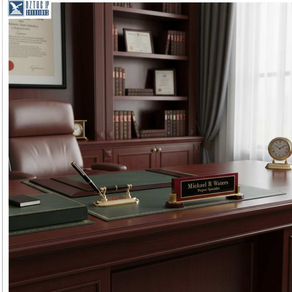 rosewood desk nameplate in office