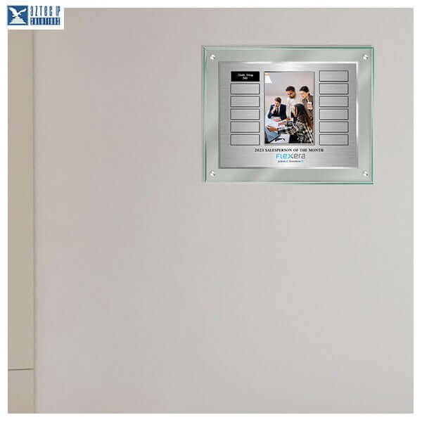 Elegant jade-toned Lucite® award with portrait photo frame and 2 column layout on wall