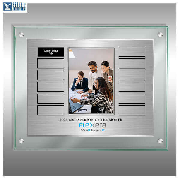 Monthly recognition plaque with engraved silver text