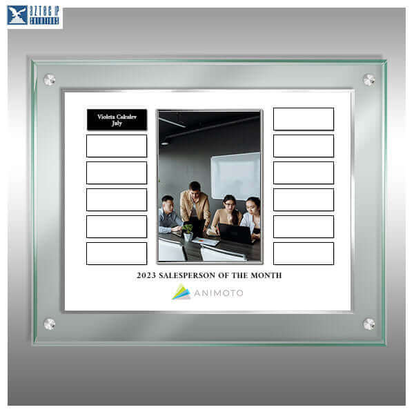 Elegant jade-toned Lucite® award with portrait photo frame and 2 column layout White plate