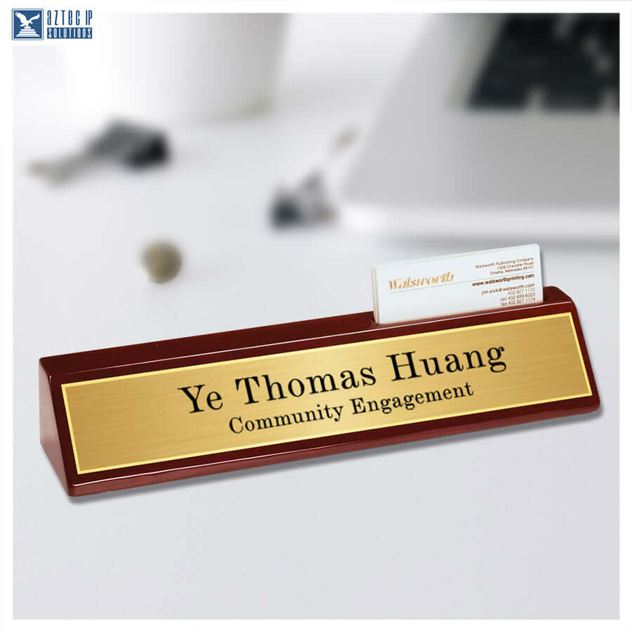 personalized desk sign with business card slot