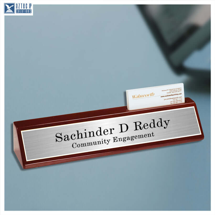 desk sign with business card slot