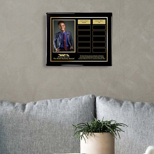 High-gloss black piano perpetual plaque with gold name plates and photo frame - wall