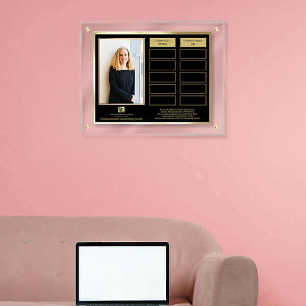 Clear TransLucite® perpetual plaque with photo and name plates