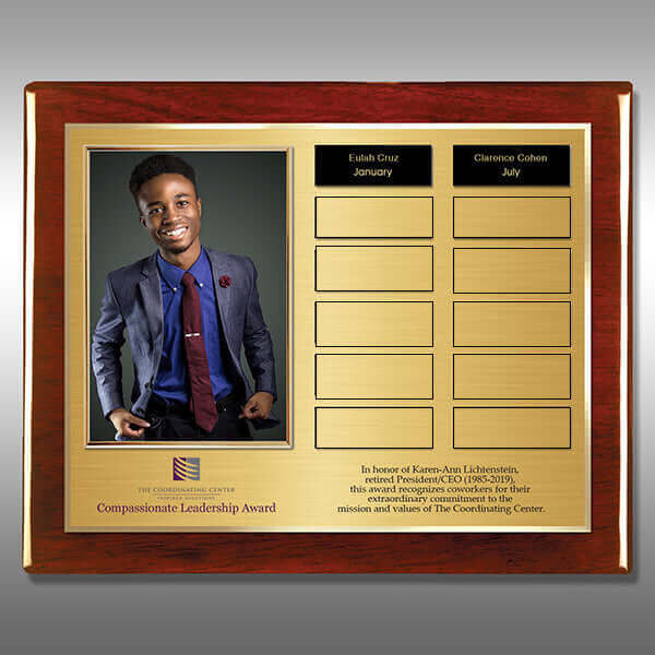 Elegant perpetual plaque for monthly awards with photo and gold trim
