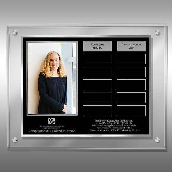 11x14 acrylic award with chrome stand-offs and brushed silver plates