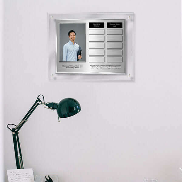 Clear TransLucite® perpetual plaque with photo and name plates