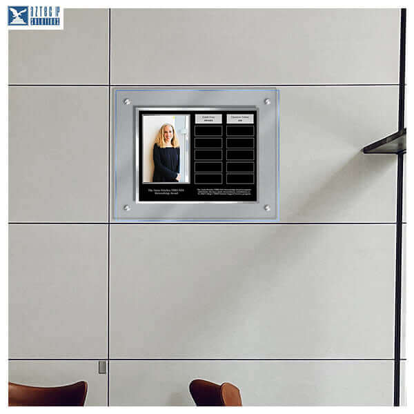 Modern corporate plaque with cool blue acrylic and brushed silver plates