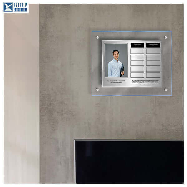 Ice Blue Lucite® plaque with vertical photo frame and name plates