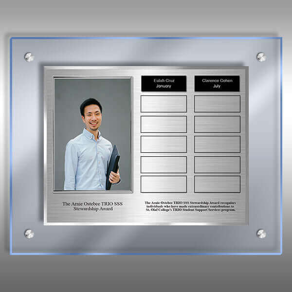 11x14 perpetual award plaque with silver underlay and chrome stand-offs
