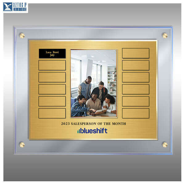 11x14 icy blue acrylic recognition plaque with centered photo frame Gold Plaque