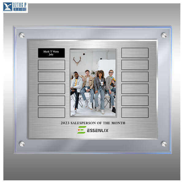 Ice Blue TransLucite® photo perpetual plaque with two name plate columns Silver Plaque