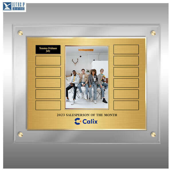 Modern acrylic perpetual plaque featuring metal stand-offs and balanced layout. Gold