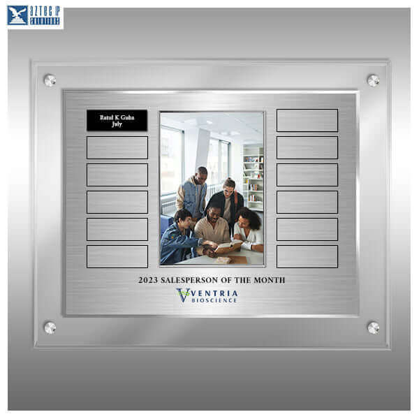 11x14 acrylic award with centered photo frame and silver/gold/white main plate
