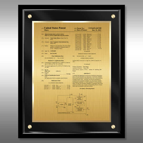 Lucite Patent Plaque - Gold