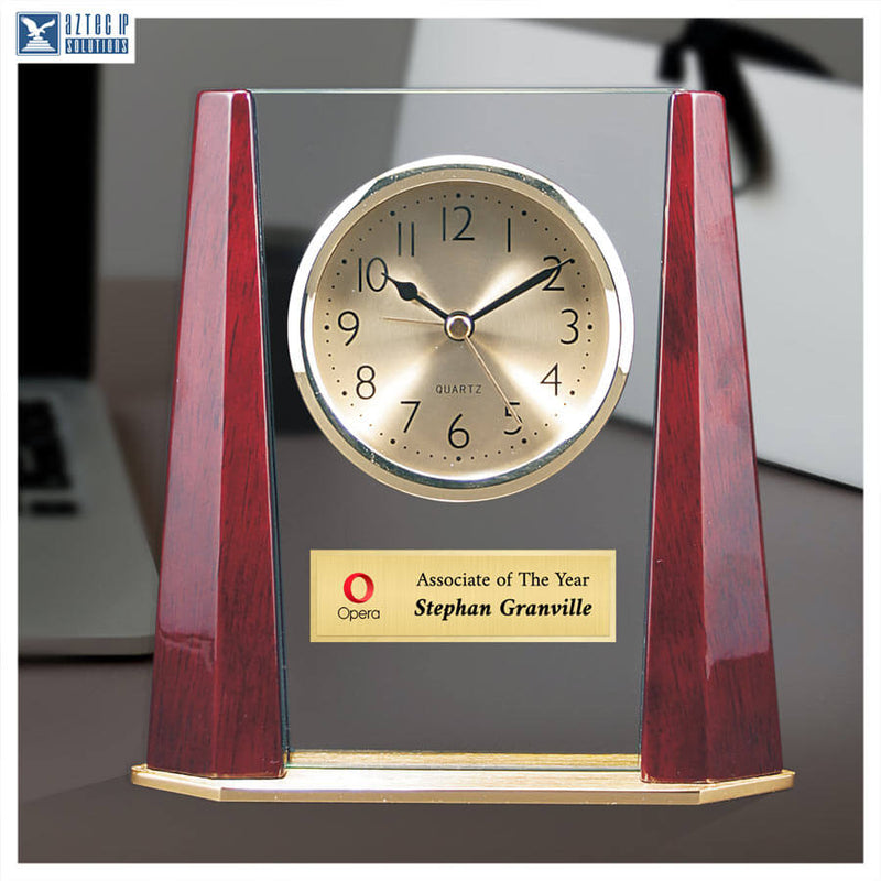 Years of Service Award - Glass Desk Clock with Rosewood Columns DC-JDT-138