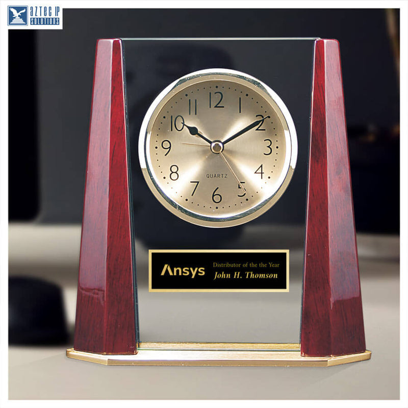 Years of Service Award - Glass Desk Clock with Rosewood Columns DC-JDT-138