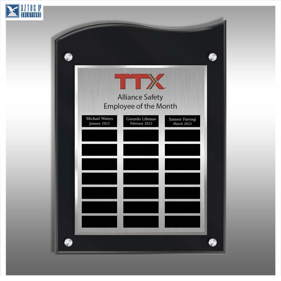 A black acrylic wall plaque with a brushed silver metal center panel, mounted on a gray gradient background. The plaque features the red and black TTX logo at the top, followed by the text 'Alliance Safety' and 'Employee of the Month' above three black nameplates, with nine additional blank black nameplates below.
