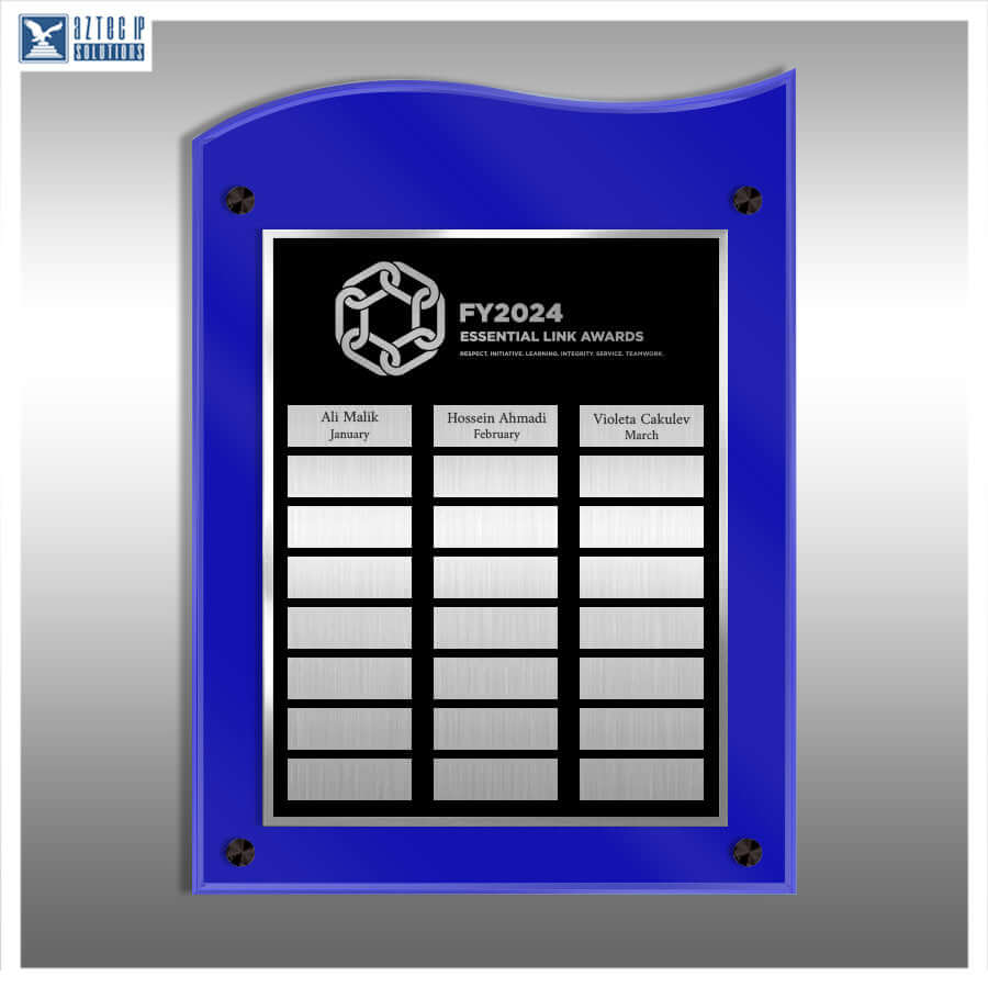 A royal blue acrylic wall plaque with a black central panel for the FY2024 Essential Link Awards, featuring three highlighted name slots and ten blank lines below, shown on a gray gradient background.