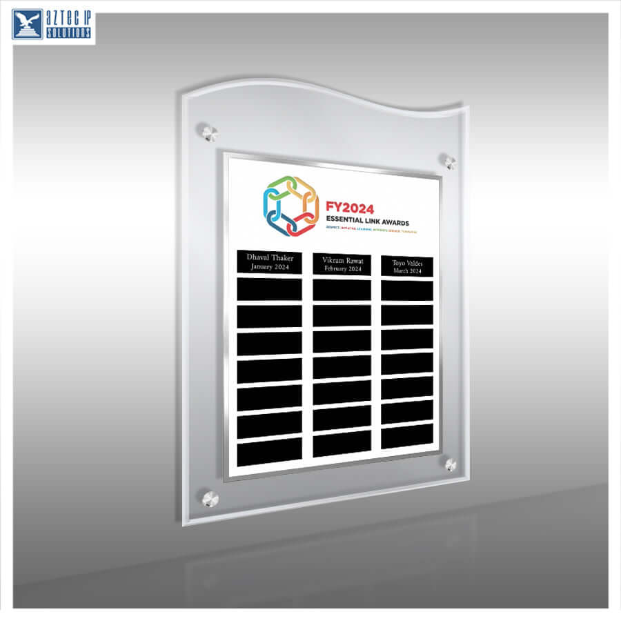 A modern acrylic wall plaque with a silver frame, featuring a white insert with the FY2024 Essential Line Awards logo and black nameplates, shown on a gray gradient background.
