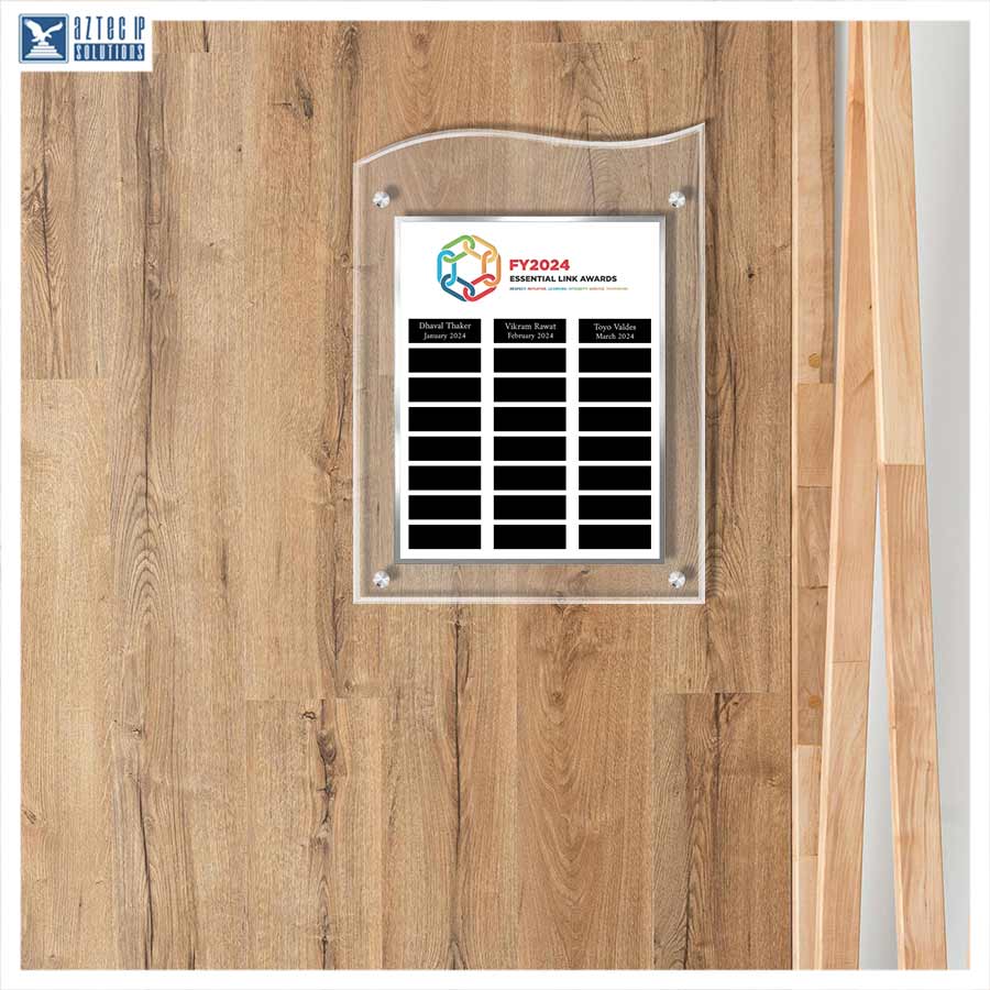 A clear acrylic wall plaque with rounded corners, mounted on a wood-look panel wall. The plaque contains a white insert featuring the text 'FY2024 ESSENTIALS ONE AWARD' and a colorful award icon, above three columns of black rectangular blocks.